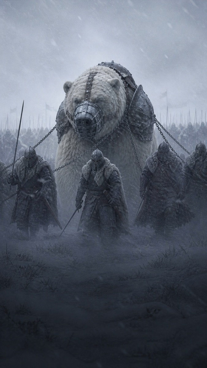 A lone traveler facing a colossal chained creature in a frozen landscape