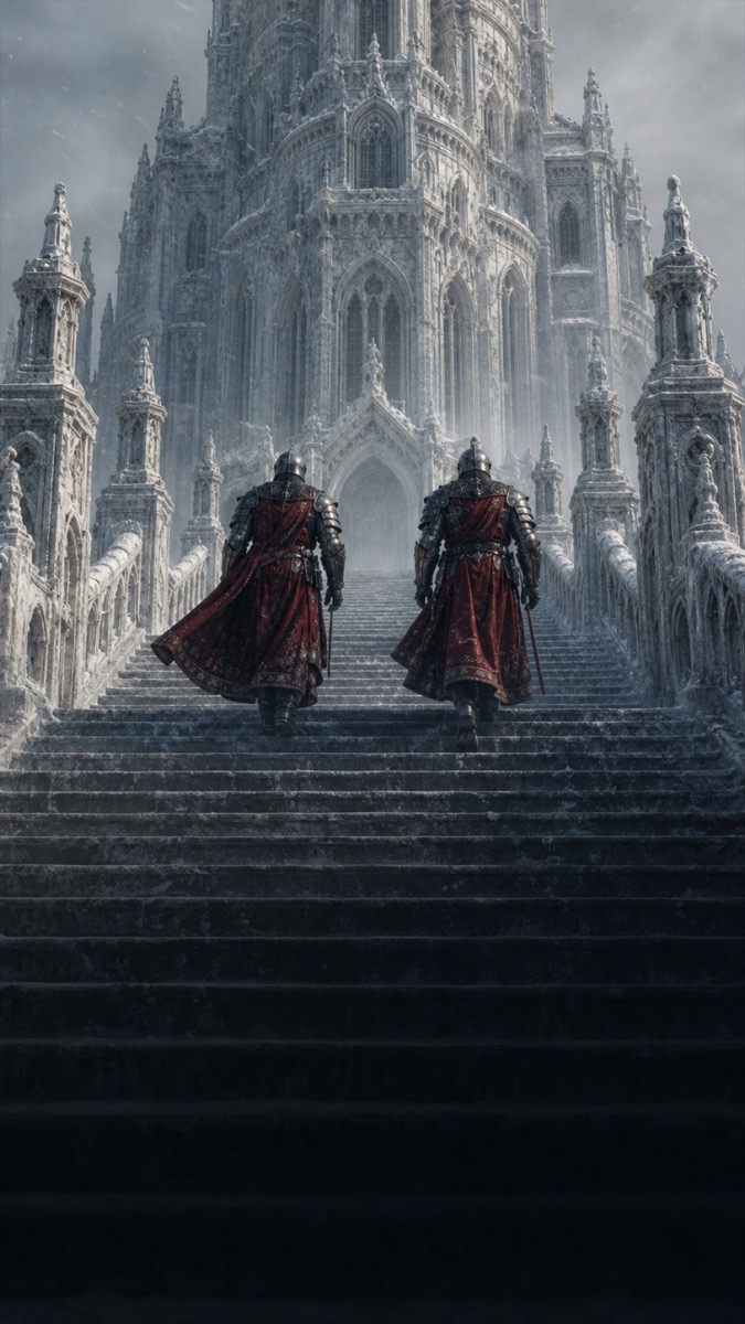 Two crimson-cloaked figures walking toward a monumental white citadel