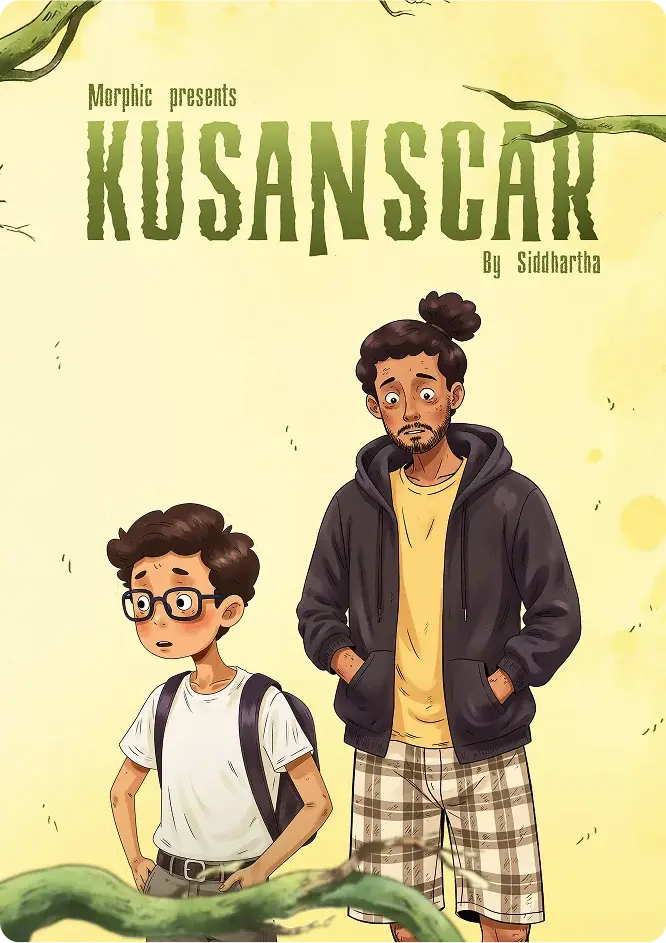 Kusanscar series cover — two characters framed by green branches