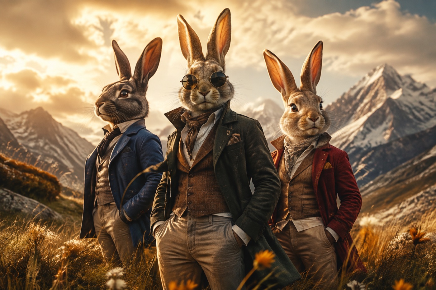 Three sharply dressed anthropomorphic rabbits in an alpine meadow