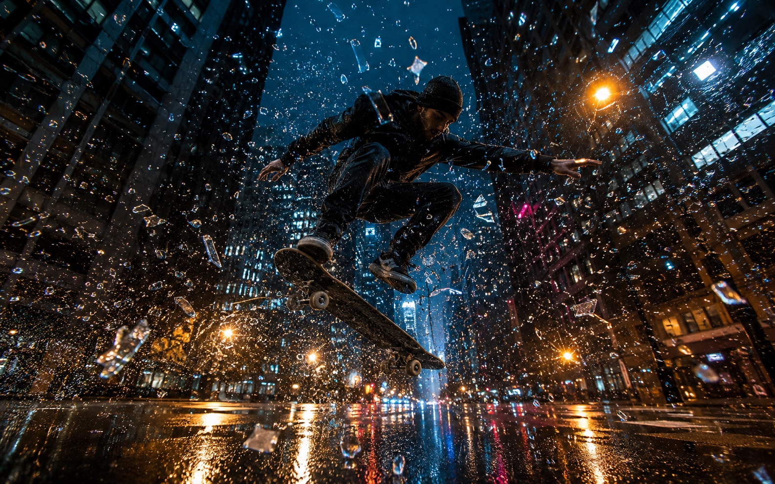 An adult skateboarder frozen in midair among glass fragments above a rainy city intersection