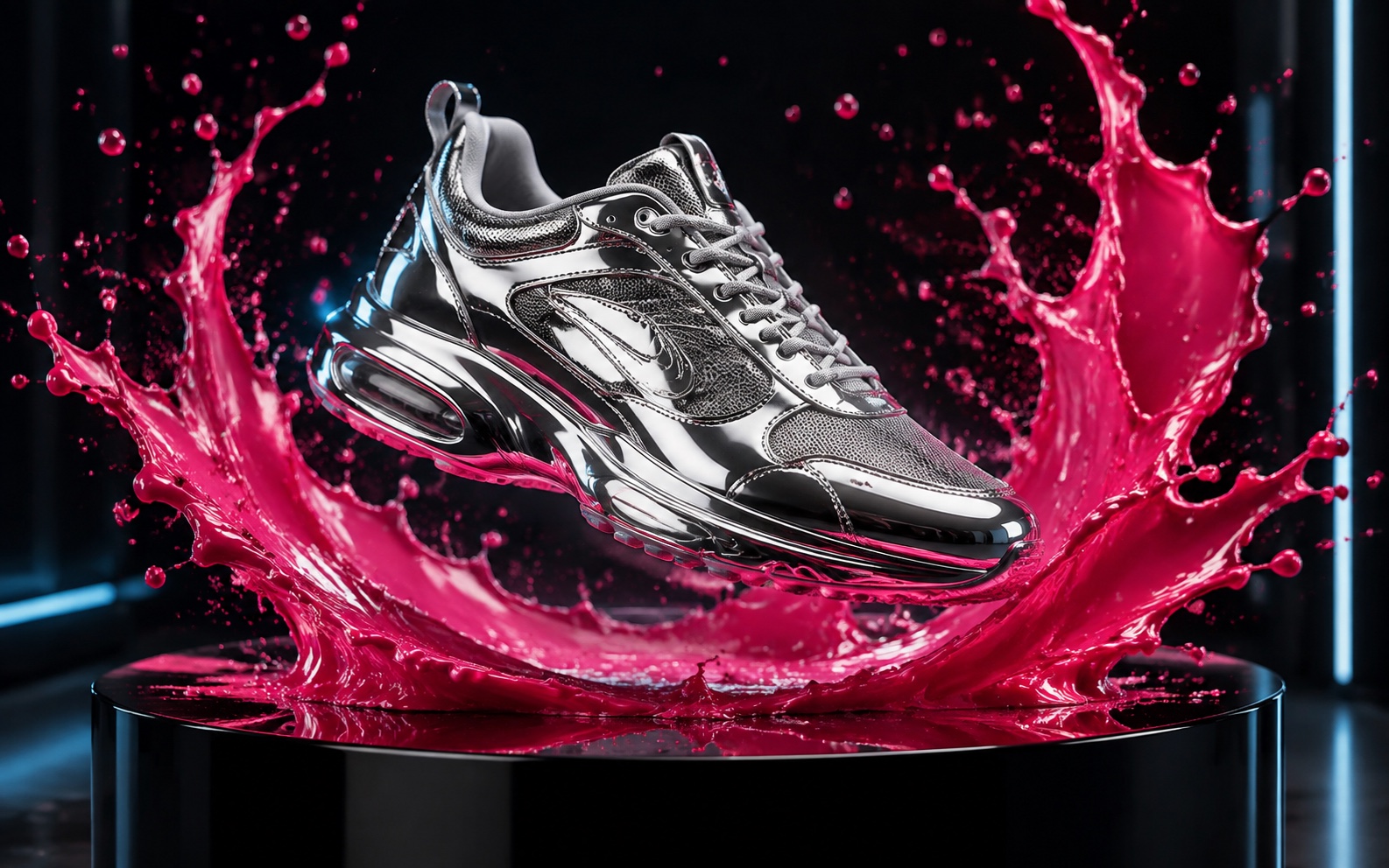 An unbranded chrome sneaker floating inside a ring of electric pink liquid