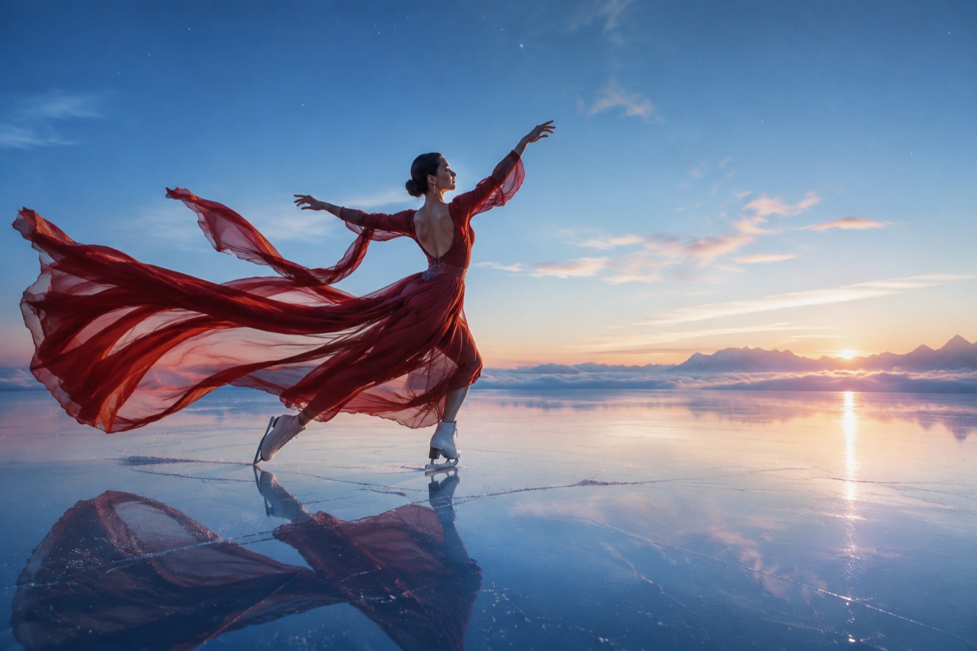 A figure skater in flowing crimson fabric on a reflective lake above the clouds