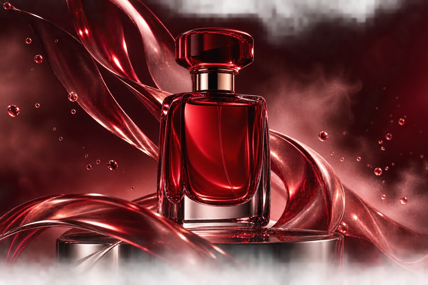 A transparent red perfume bottle among sculptural glass ribbons
