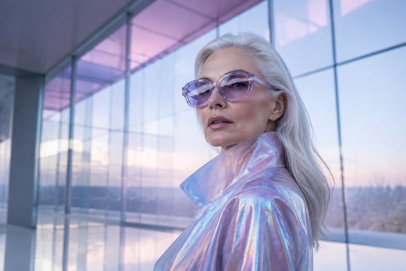 A silver-haired fashion model wearing translucent eyewear in a glass atrium