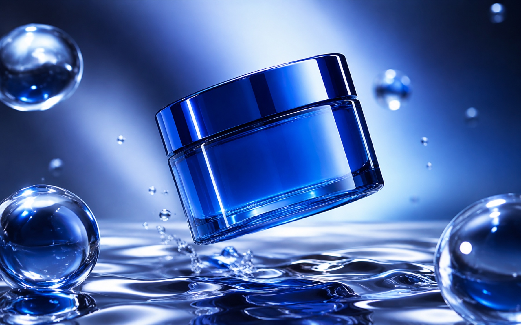 An unbranded translucent blue skincare jar floating above liquid chrome