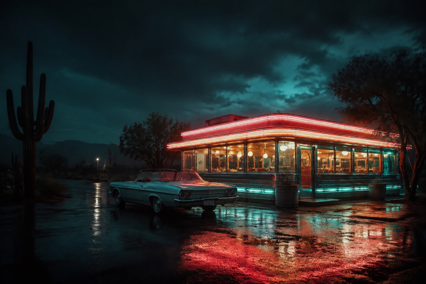 A vintage convertible outside a neon roadside diner on a rainy night