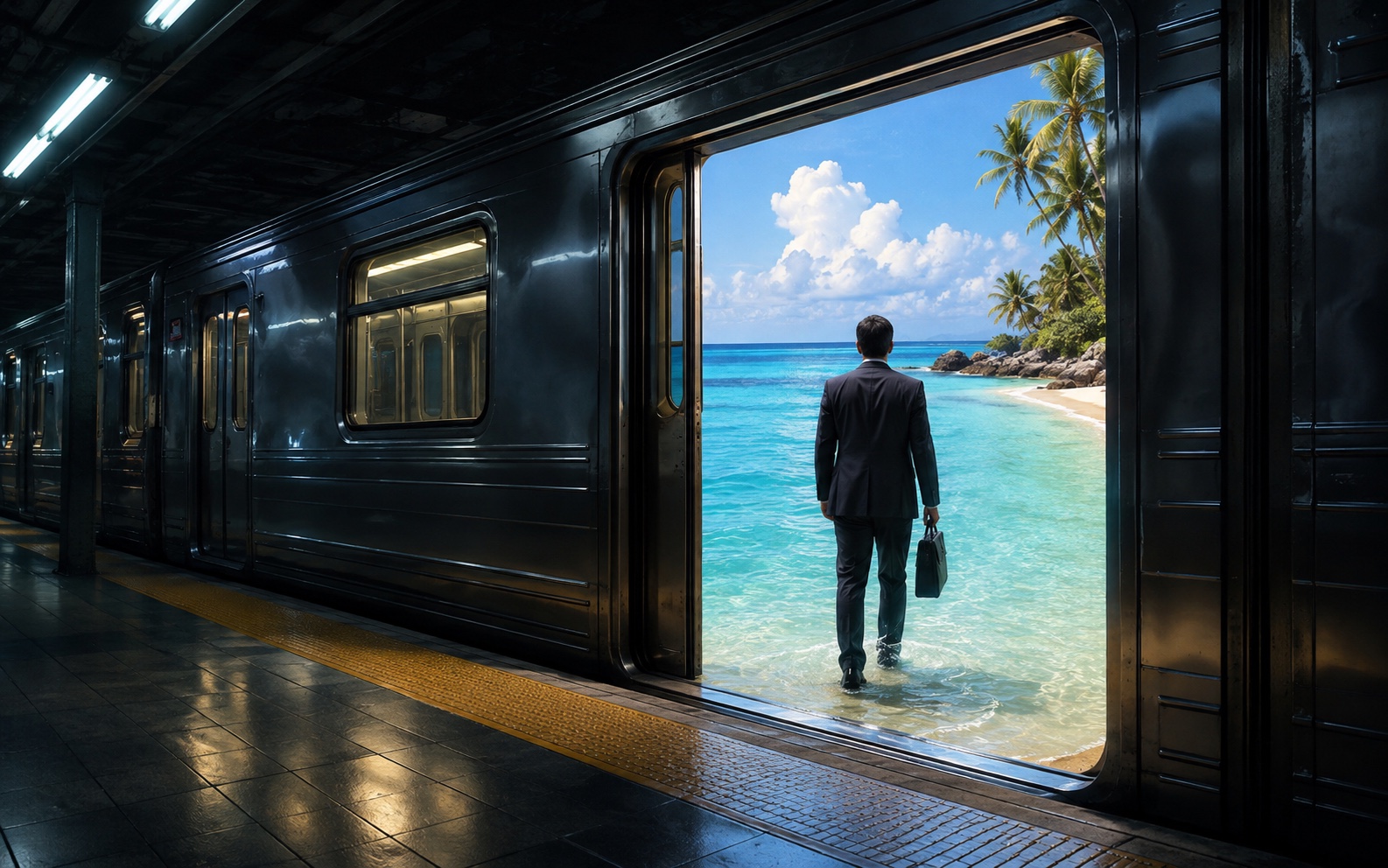 A commuter stepping through a subway doorway directly into a tropical ocean