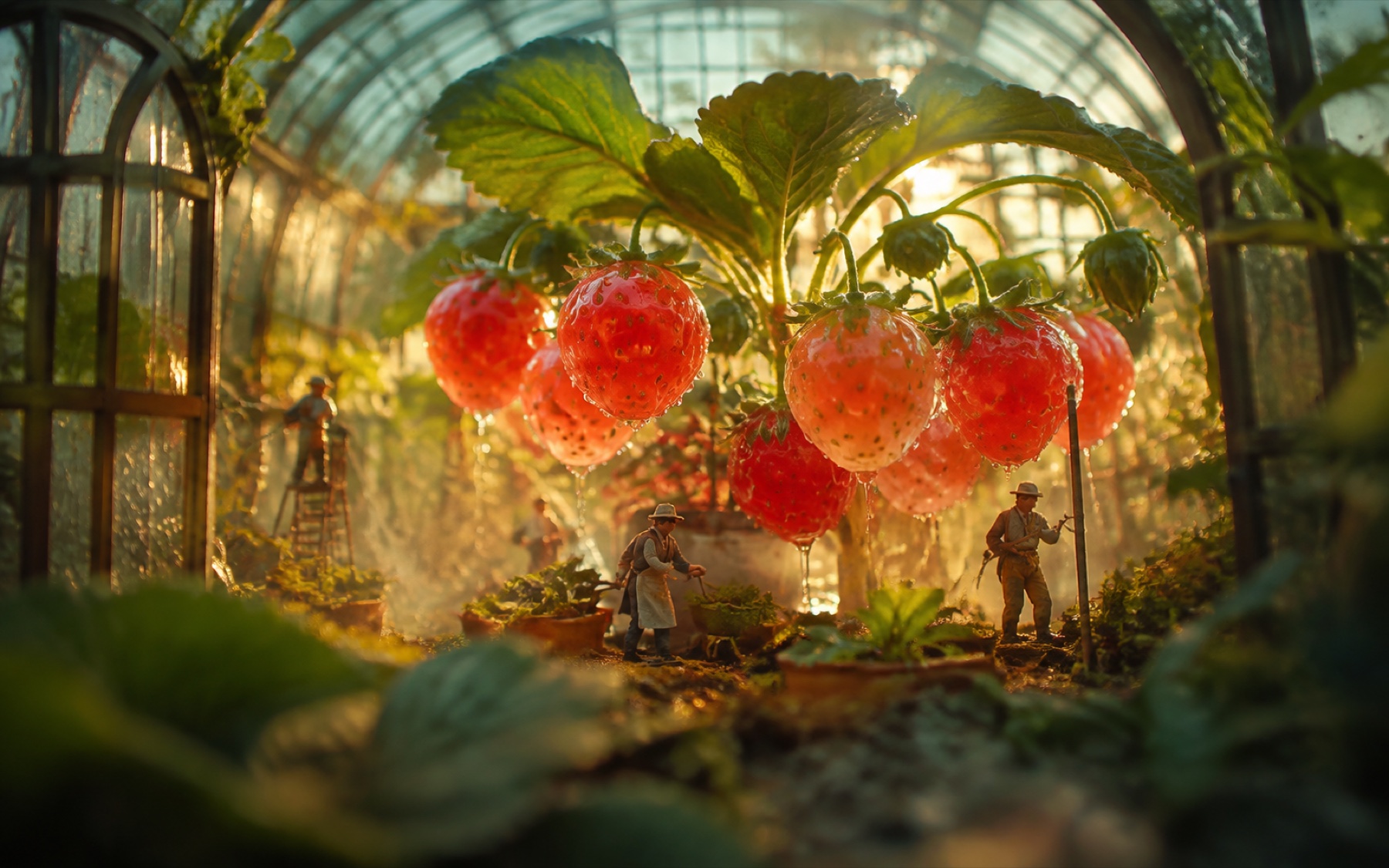 Miniature gardeners working among enormous translucent strawberries