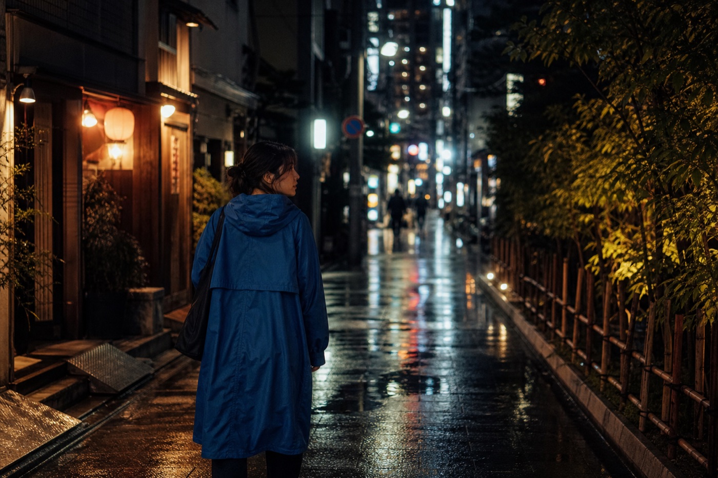 A woman in a cobalt raincoat walking through a wet Tokyo side street at night