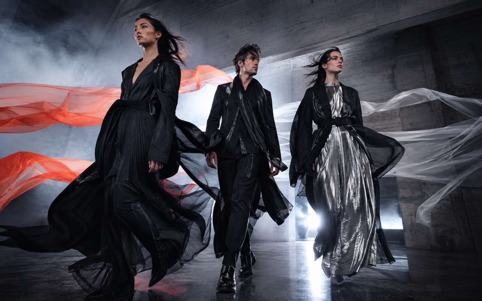 Three adult fashion models crossing a brutalist wind tunnel in flowing black and silver tailoring